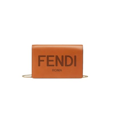 FENDI VITELLO KING TAMPONATO LOGO EMBOSSED MEDIUM WALLET ON CHAIN CUOIO 8BS006AAYZF0QVK (20*13*6cm)